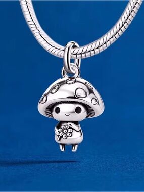 Sterling Silver Mushroom Charm Pendant - Cute Mushroom with Flower